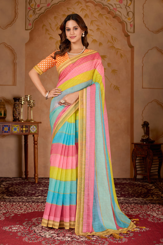 Rangeen cotton linen digital print Multi colour saree with gold border.