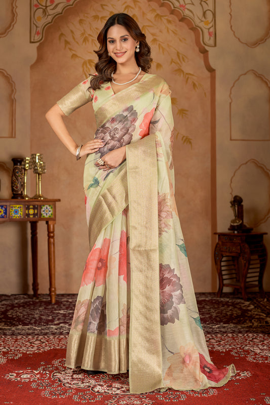 Chanderi silk floral digital print White Colour saree with gold border