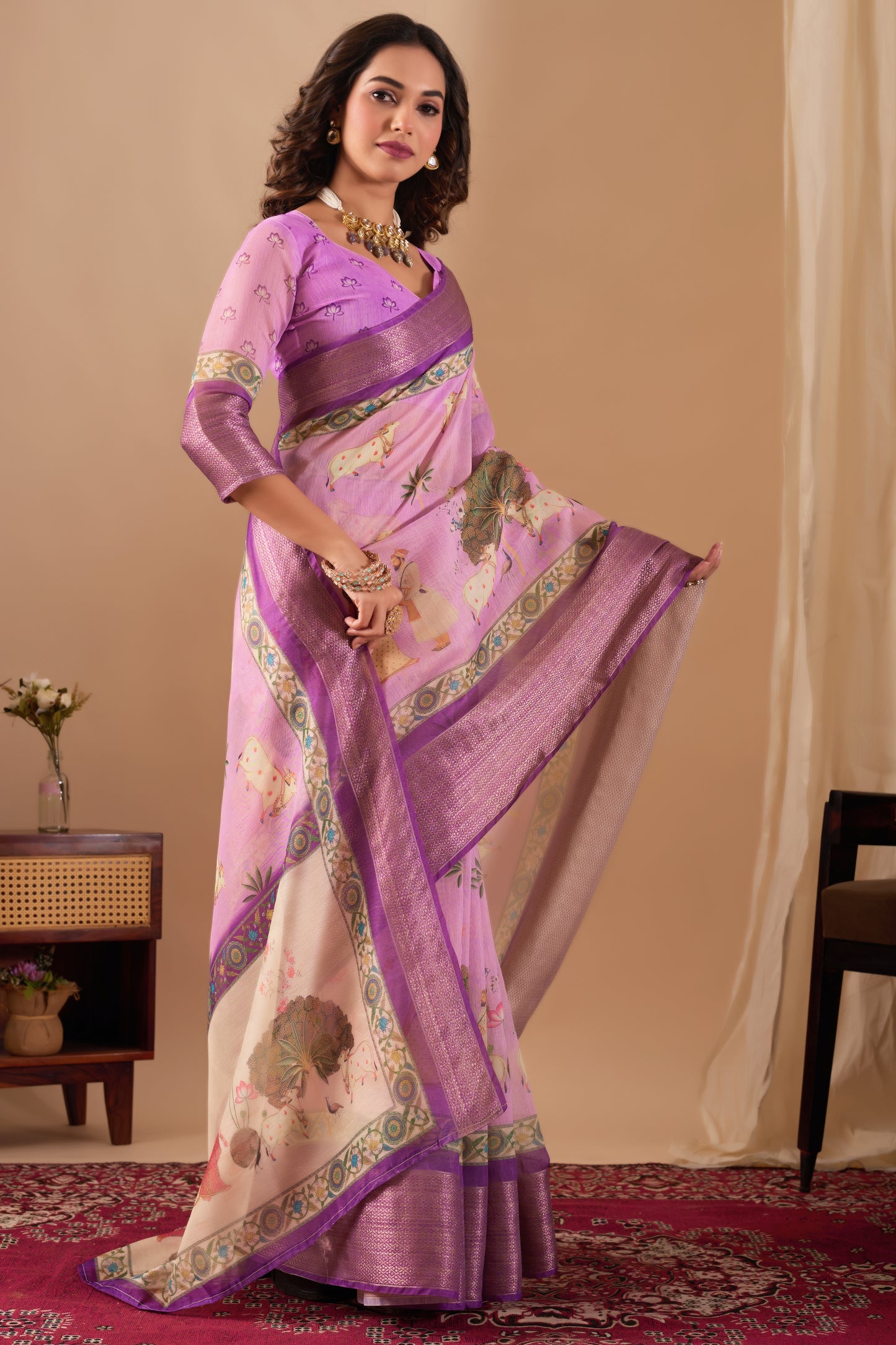 Chanderi silk golden border digital print pichwai saree