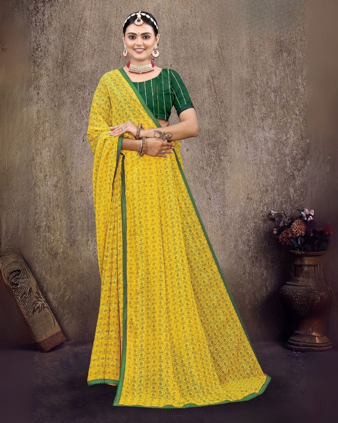 Kesari printed regular wear saree - Yellow color
