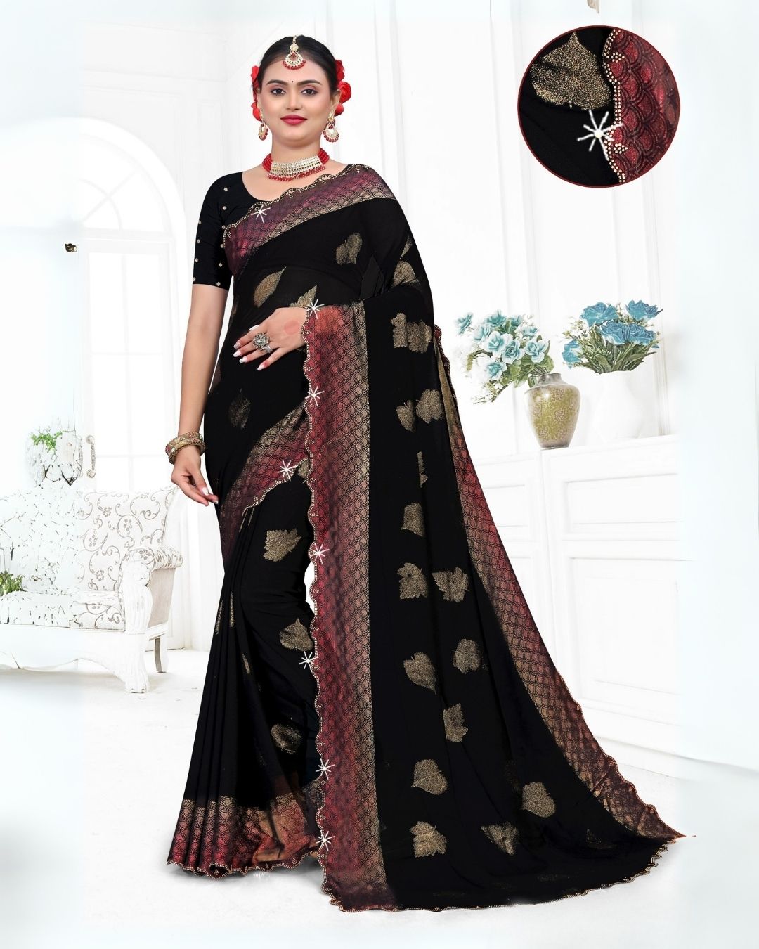 Leaf printed regular wear black saree