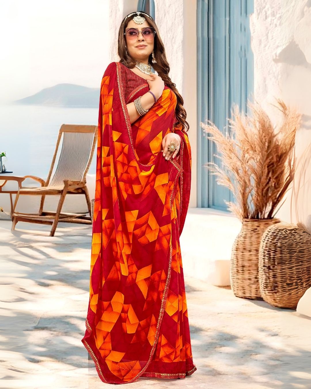 Mornii Red with yellow Colorful Saree
