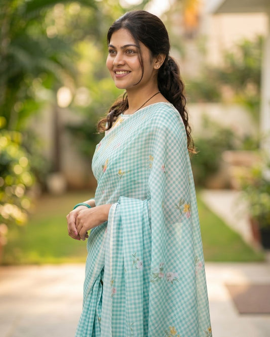 Cotton Linen Checks floral saree