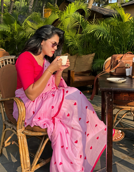 Cotton Linen Heart Print Saree Celebrity Special