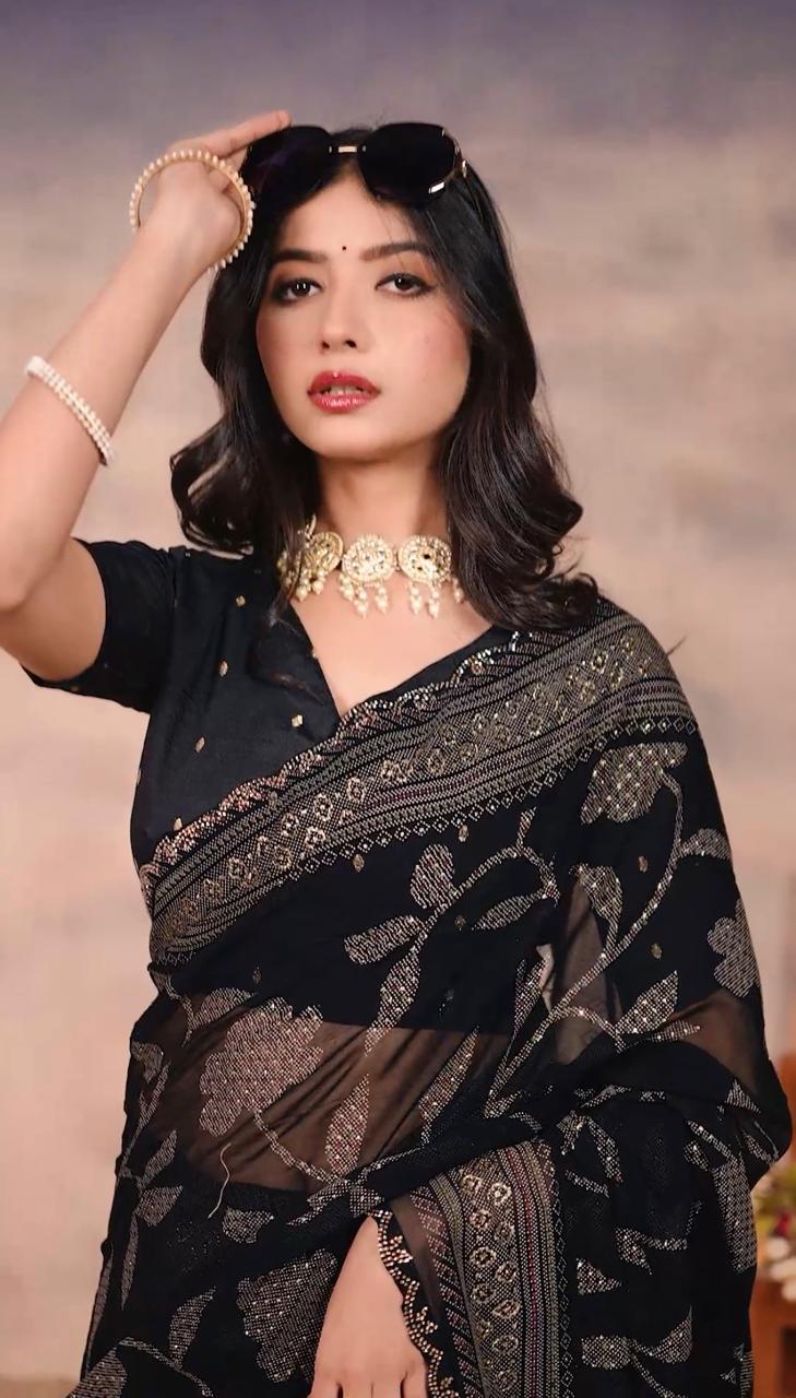 Gorgette Black Swarovski scallop saree with foil work