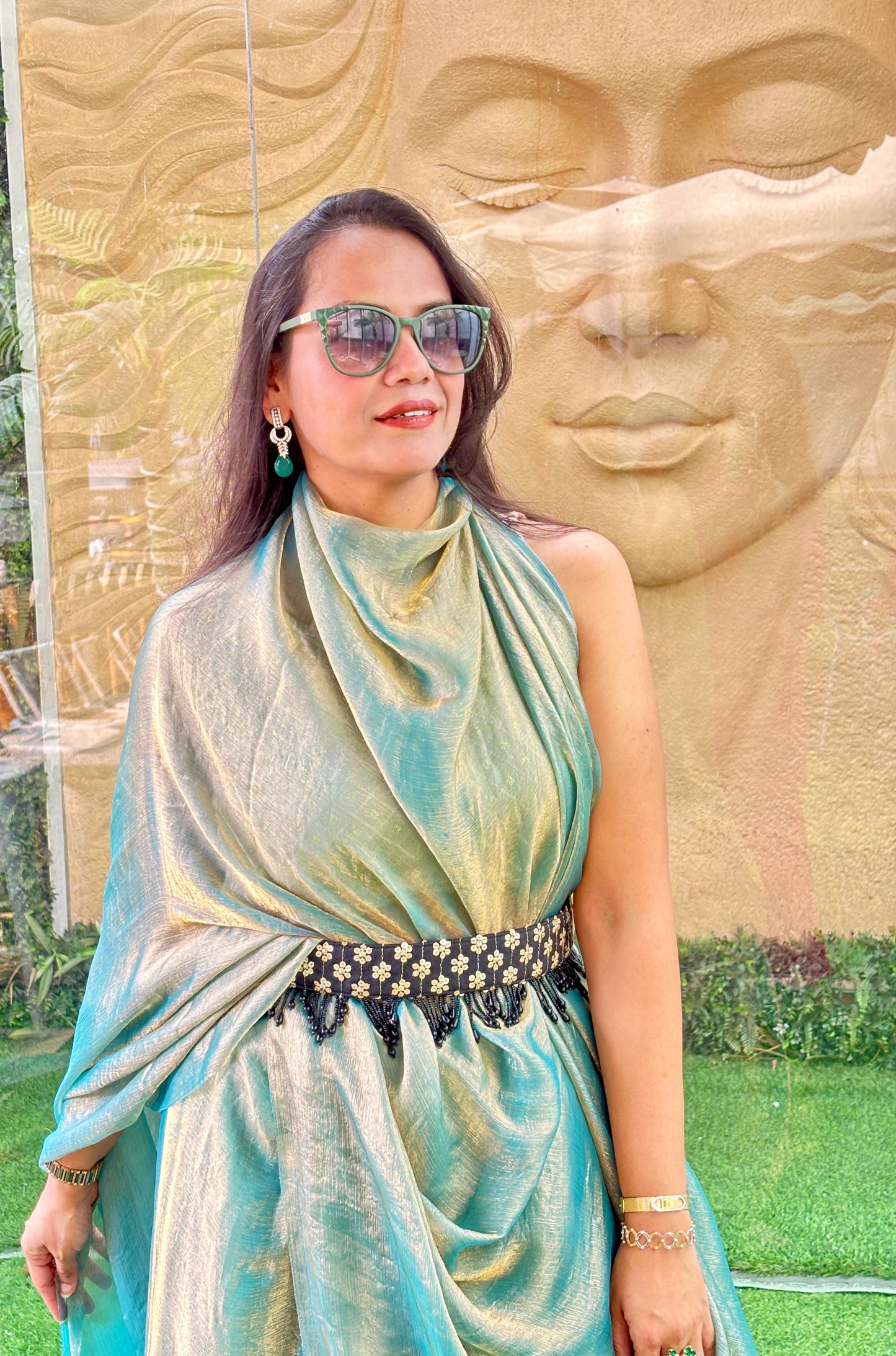 Designer Fendi green gold saree