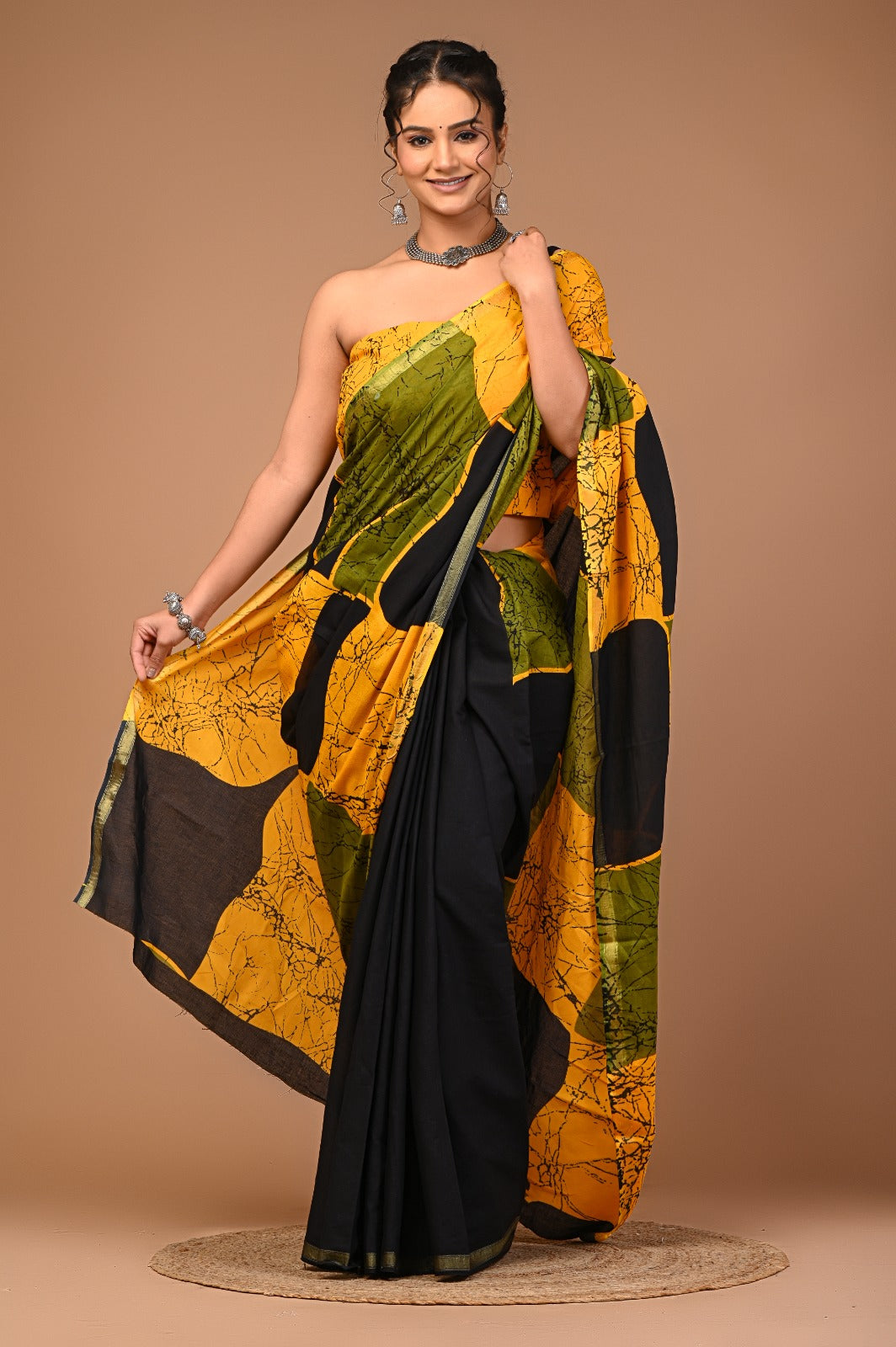 Bagru Natural Hand Block Print Cotton Black-Yellow Sarees With Blouse