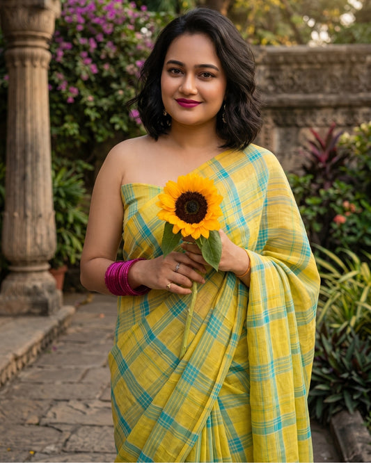 Lemon Colada Cotton Linen Checkered Saree