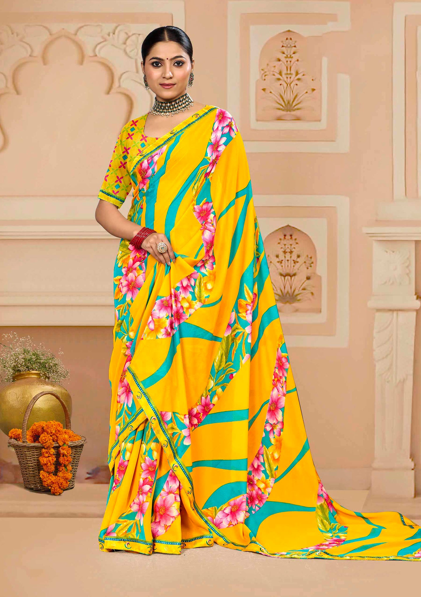 Fuljhadi Yellow saree with digital flower print