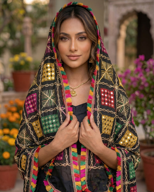 Vibrant Phulkari Mirror Work Dupatta
