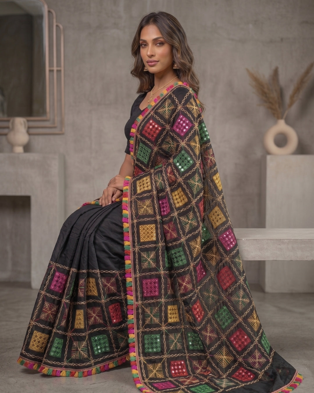 Vibrant Phulkari Mirror Work Dupatta