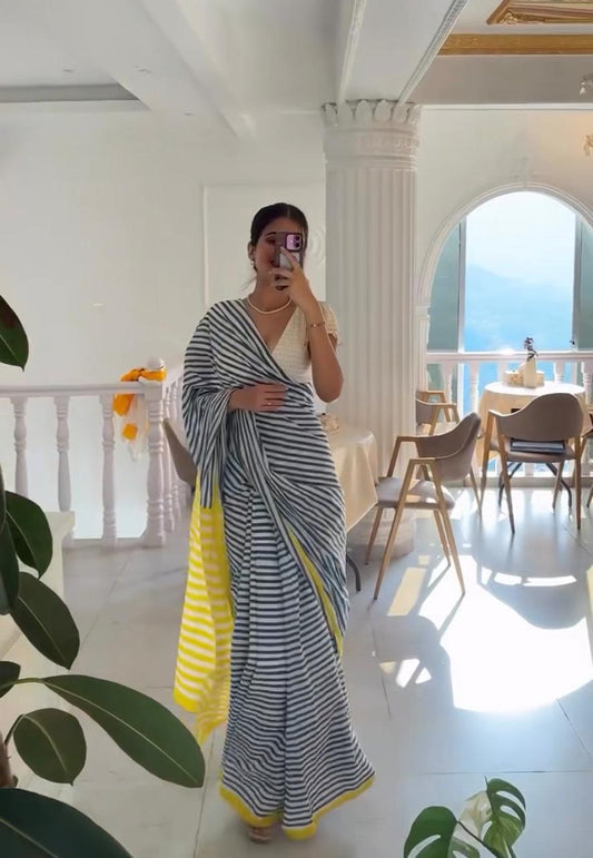 Breezy Stripes-Cotton Linen Stripe Saree