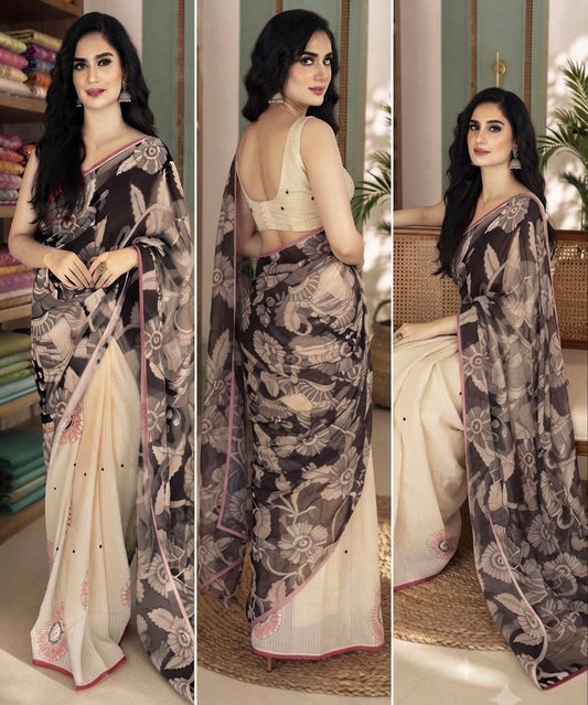Elegant Black & Beige Cotton Linen Blend Digital Print Saree