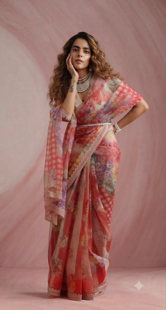 Peach Pastel Elegance -Soft Premium Organza Digital Floral Print Saree