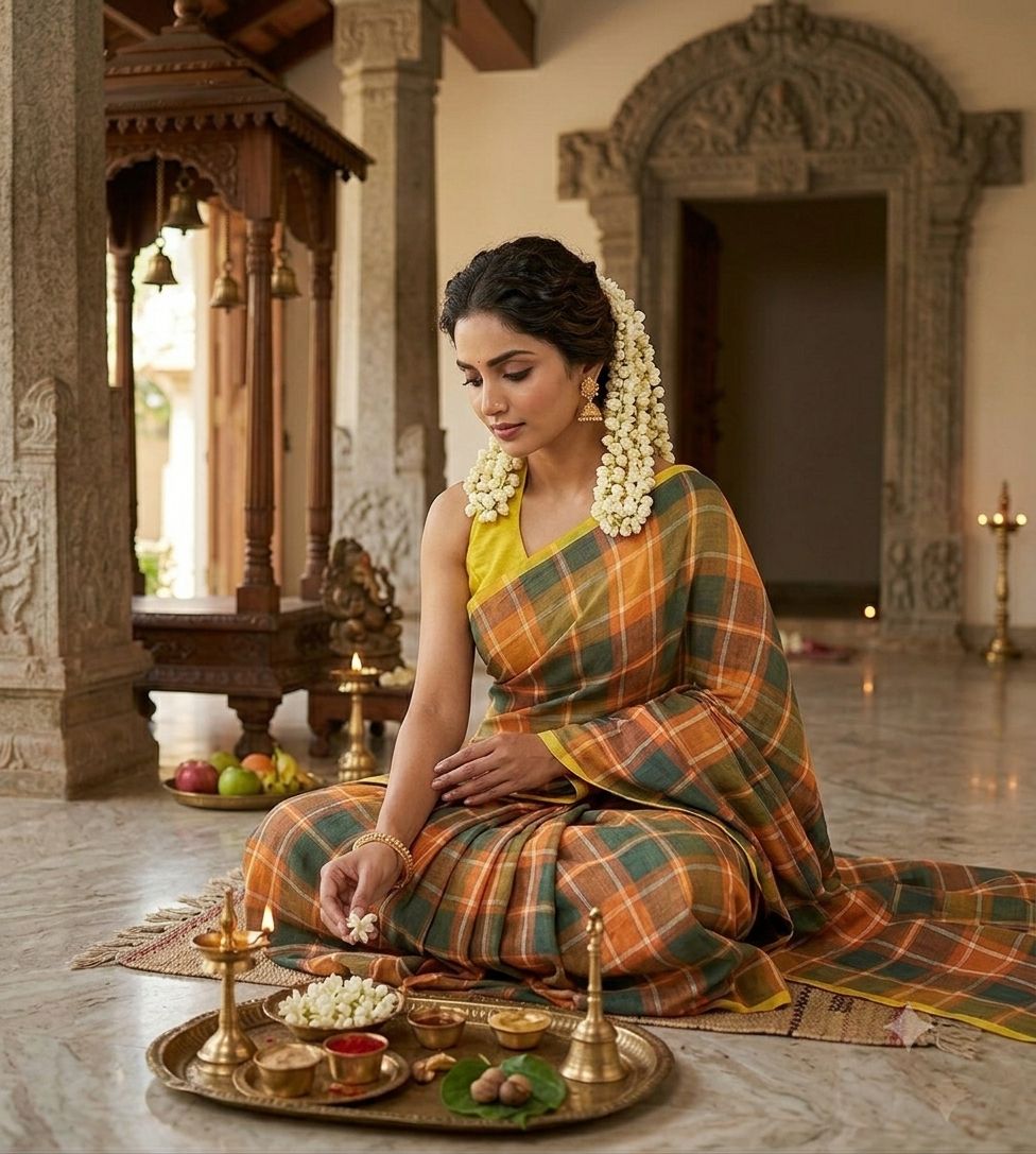 Sunlit Heritage – Cotton Linen Blend Digital Checks Saree