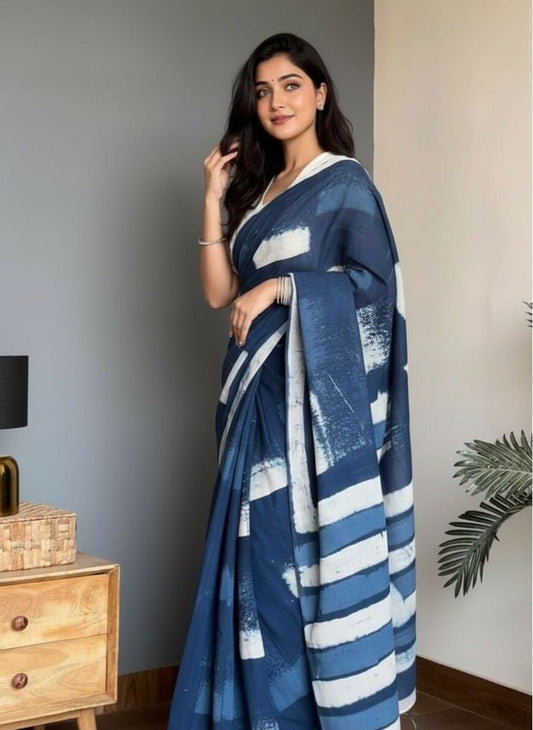 Indigo Digital print silver border cotton linen saree