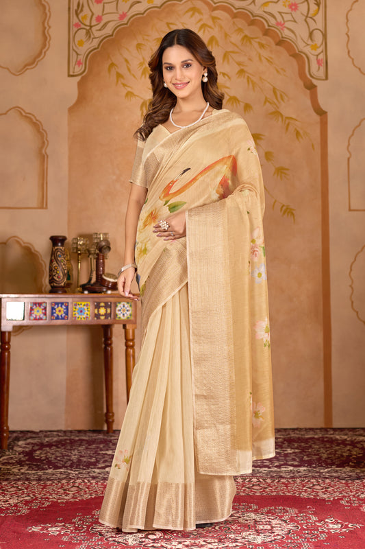 Chanderi silk digital print Off White Colour saree with gold border swan design
