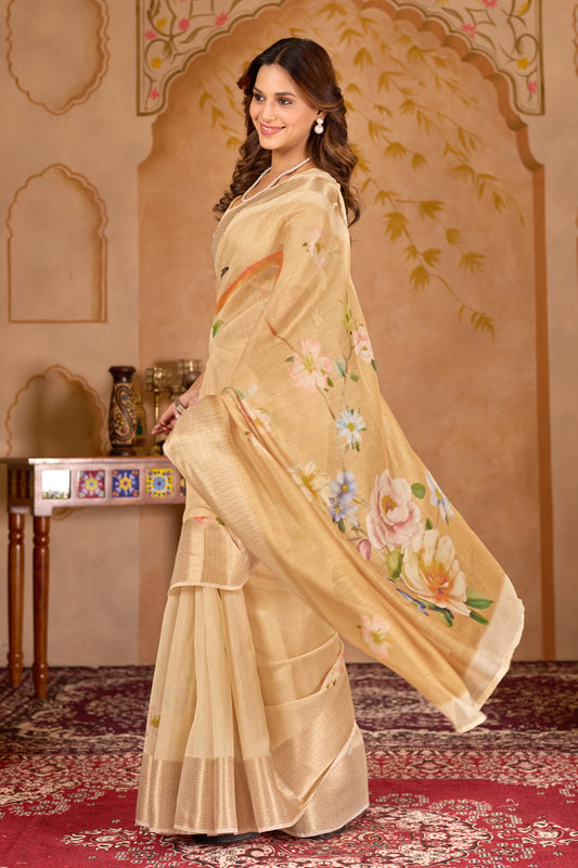 Chanderi silk digital print Off White Colour saree with gold border swan design