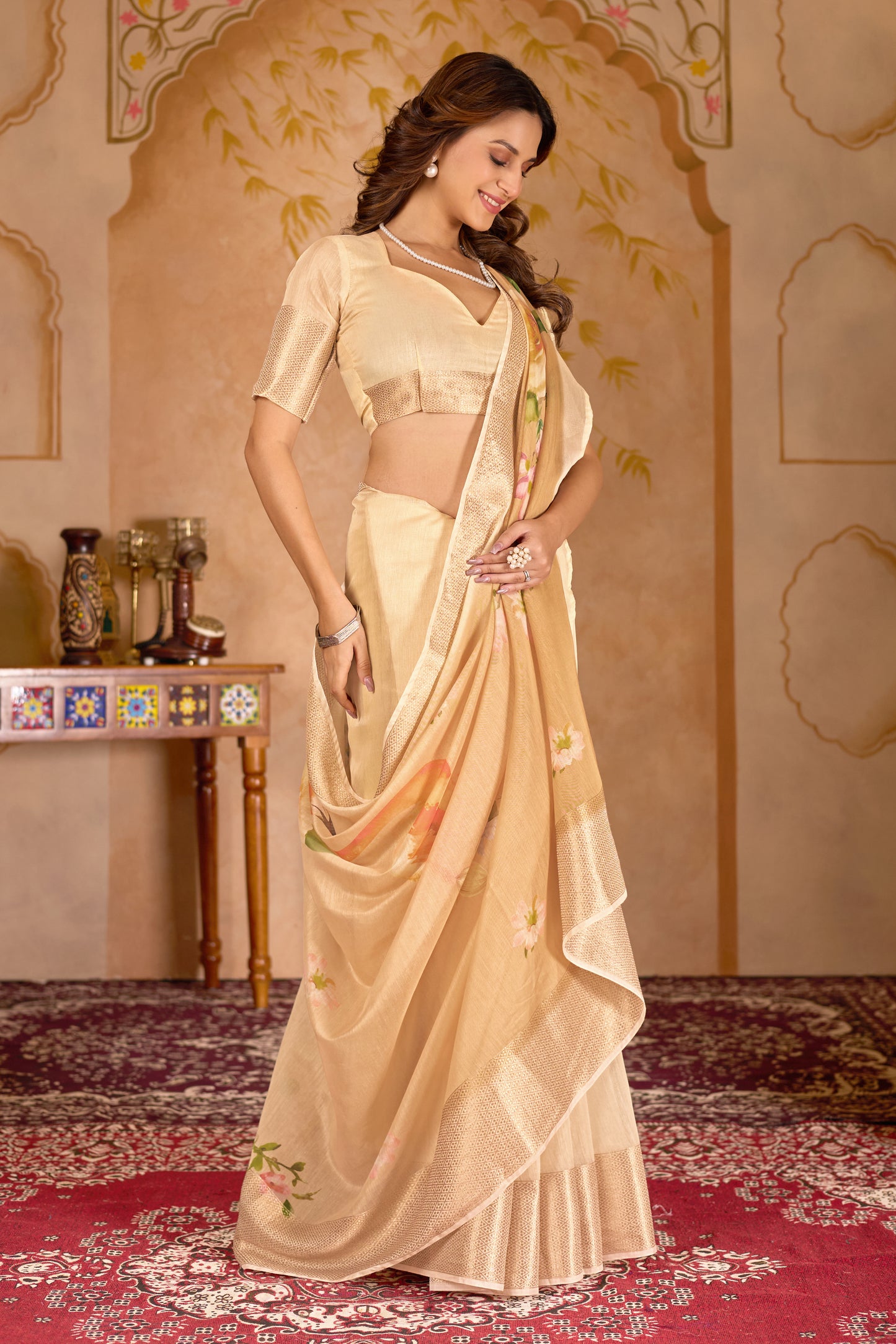 Chanderi silk digital print Off White Colour saree with gold border swan design