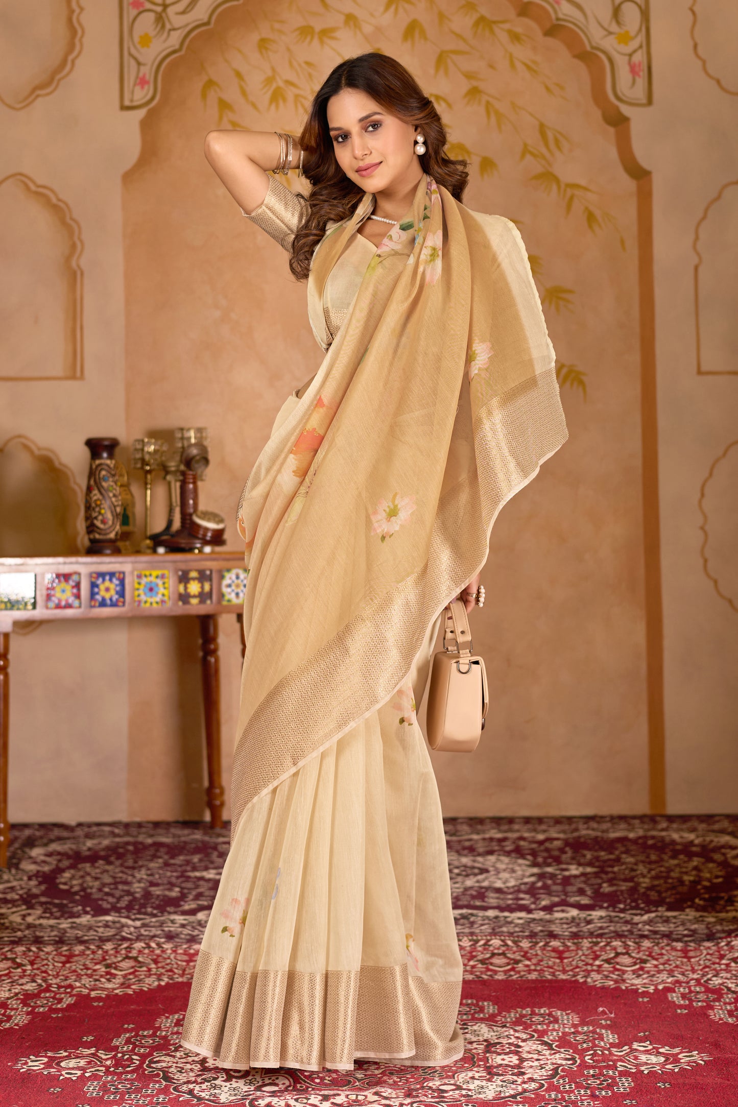 Chanderi silk digital print Off White Colour saree with gold border swan design