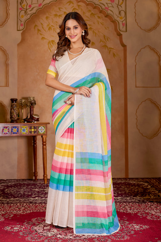 Cotton linen digital print White-Blue with Pink and Yellow saree with colour border design