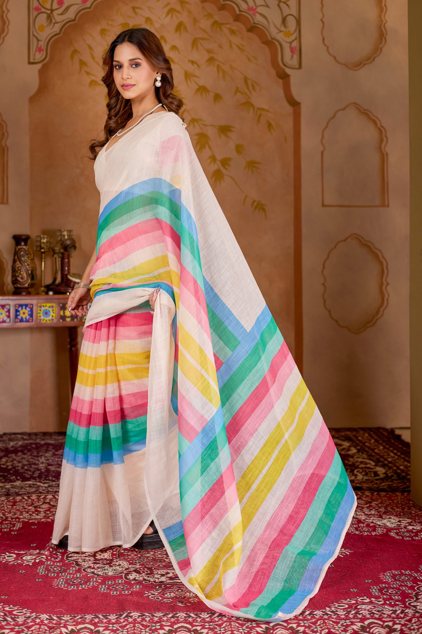 Cotton linen digital print White-Blue with Pink and Yellow saree with colour border design