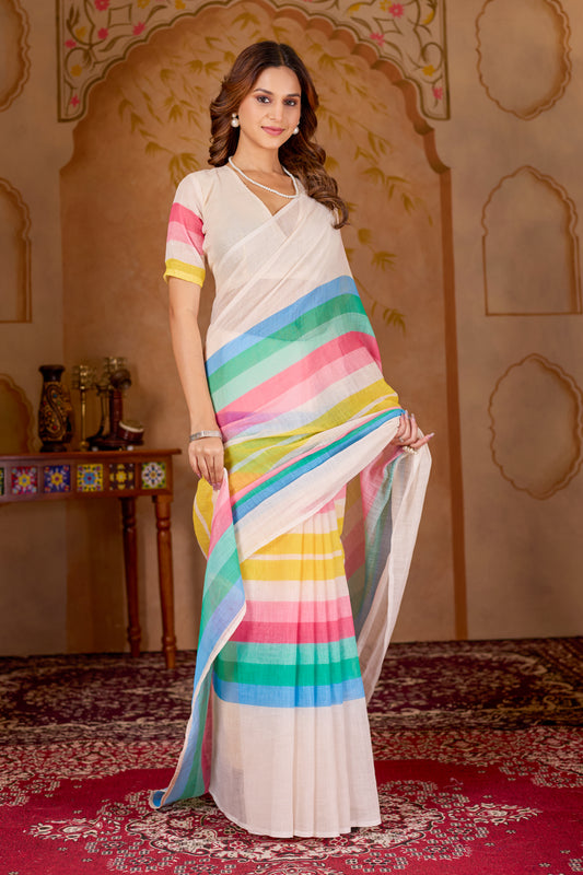 Cotton linen digital print White-Blue with Pink and Yellow saree with colour border design