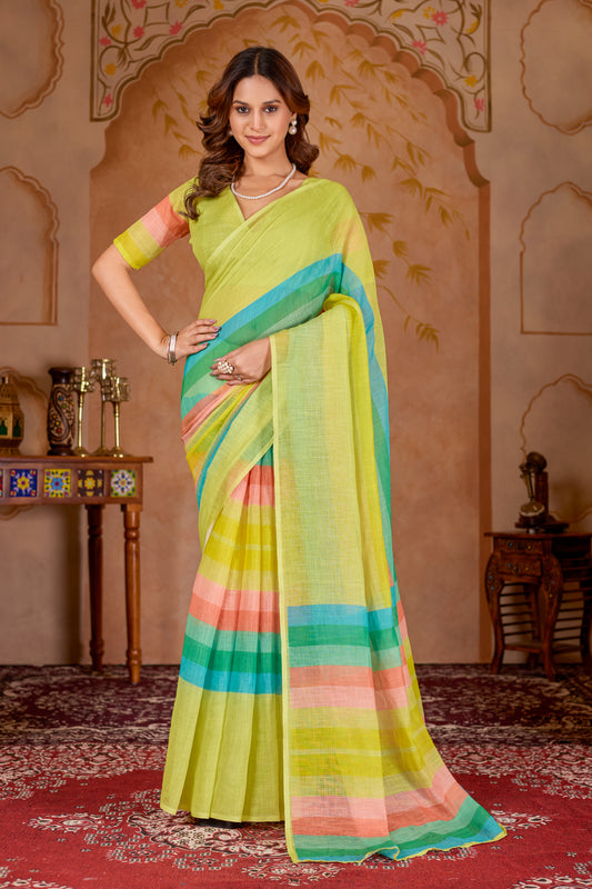 Cotton linen digital print Yellow Colour saree with colour border design