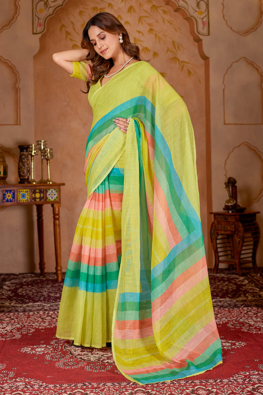 Cotton linen digital print Yellow Colour saree with colour border design