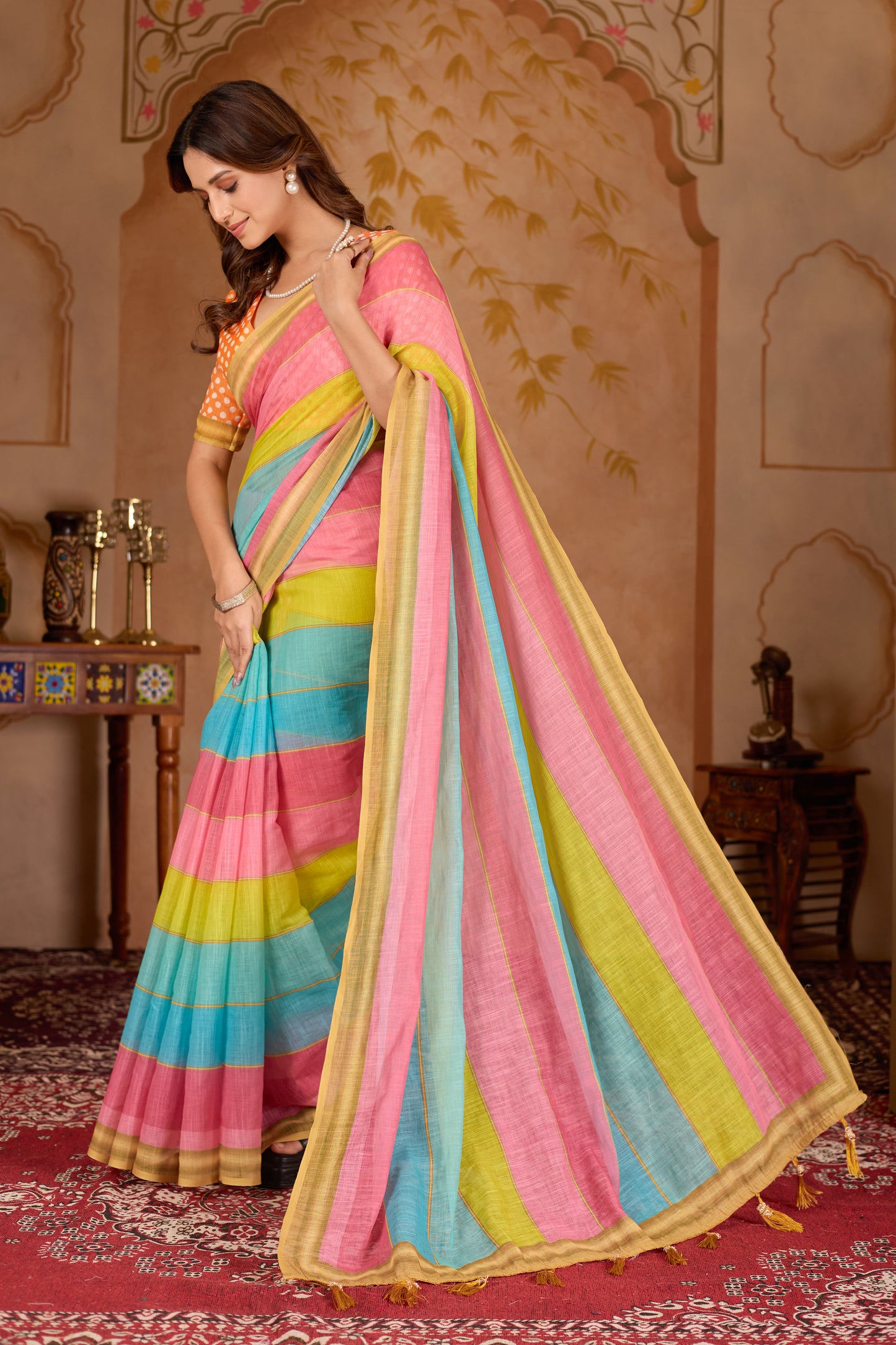 Rangeen cotton linen digital print Multi colour saree with gold border.