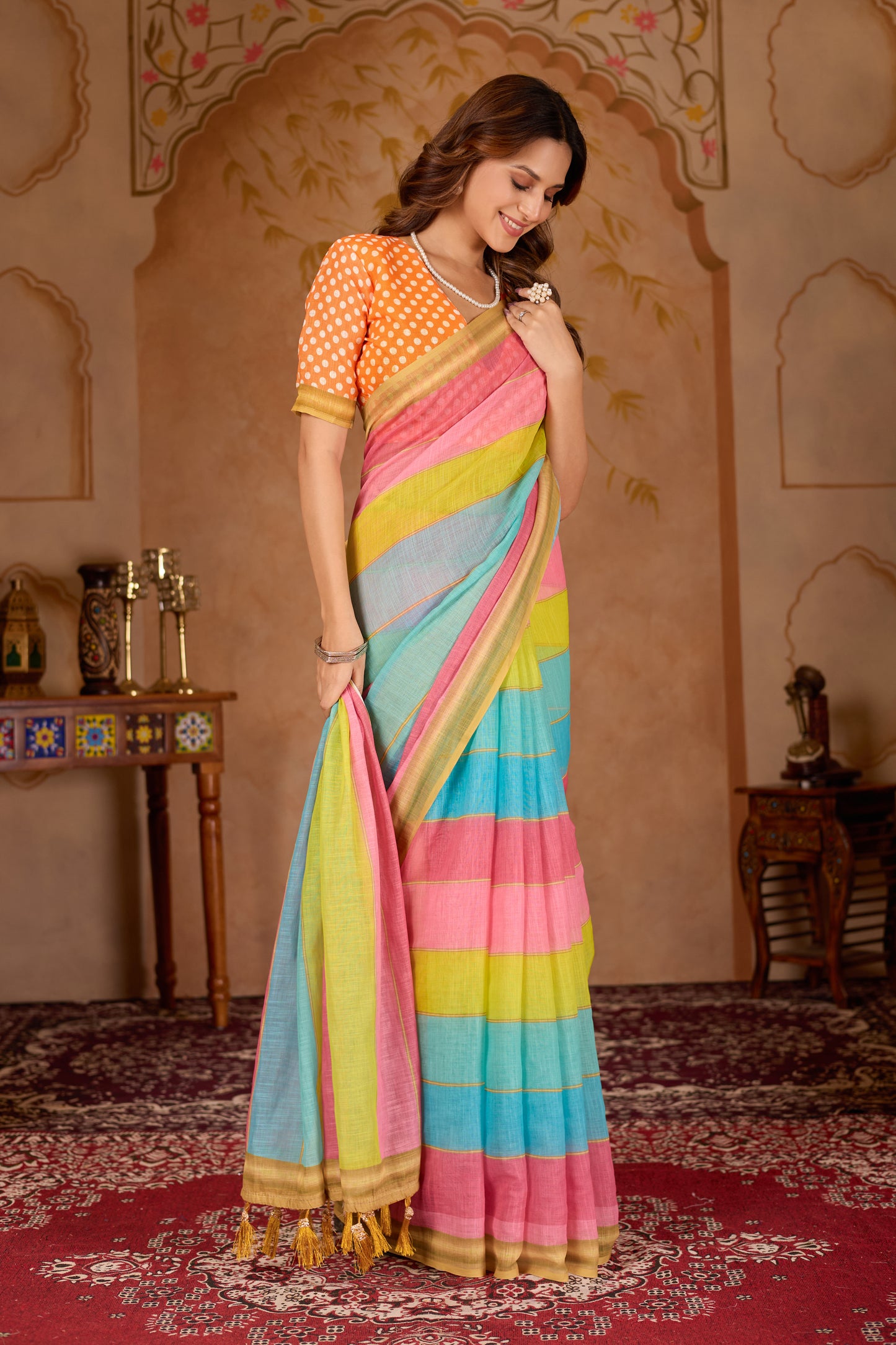 Rangeen cotton linen digital print Multi colour saree with gold border.