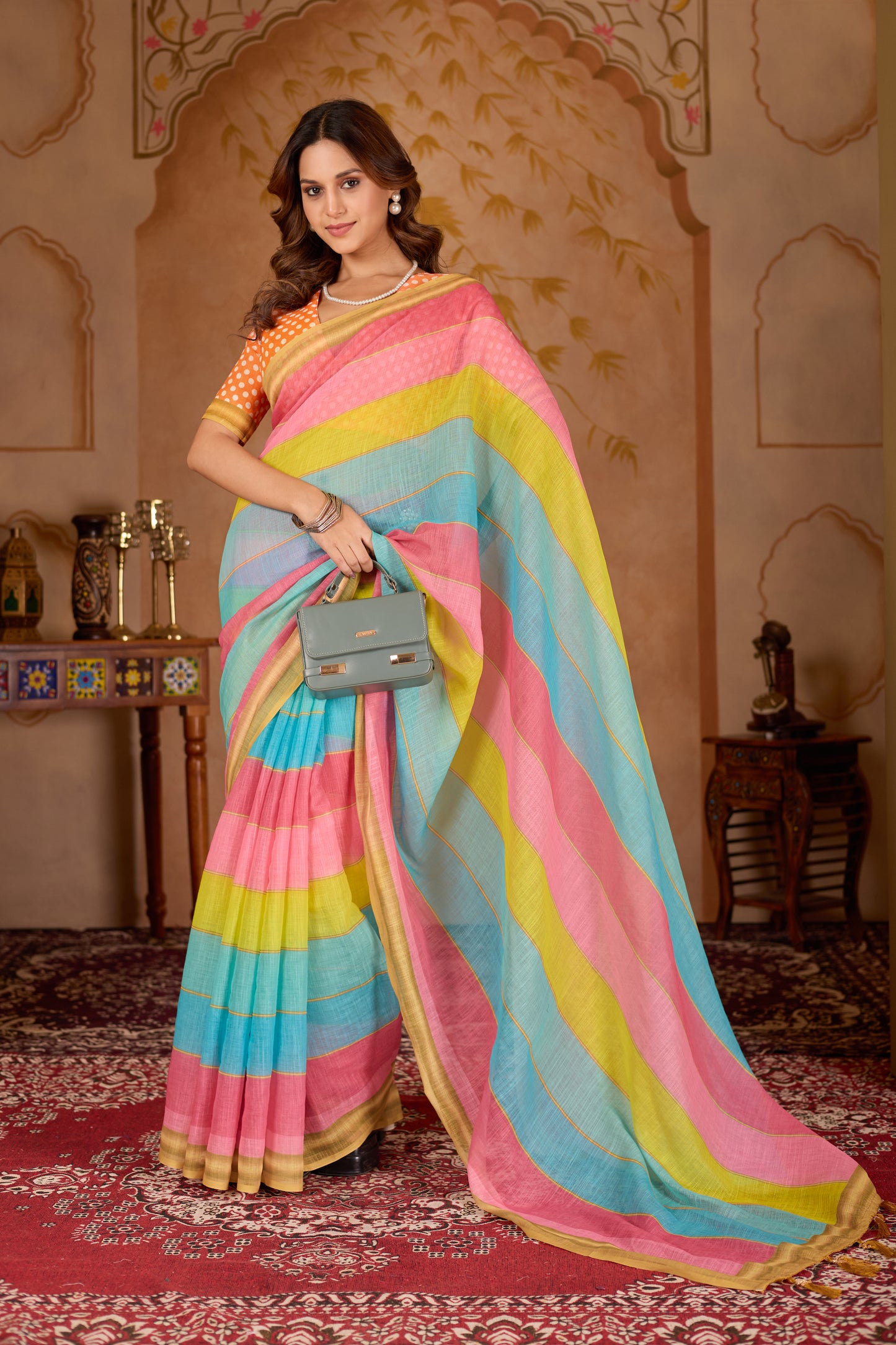 Rangeen cotton linen digital print Multi colour saree with gold border.