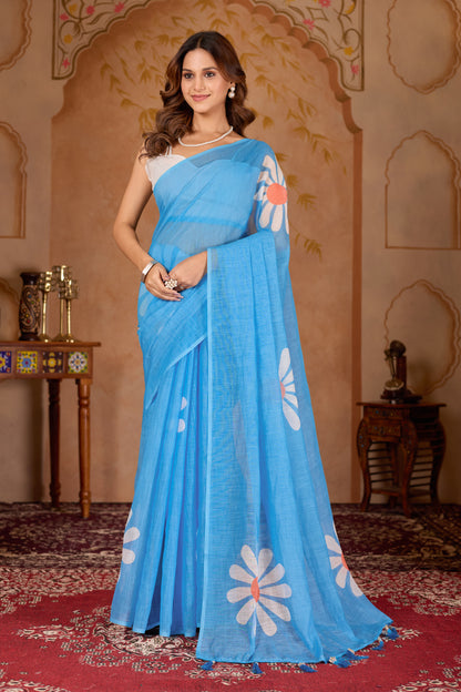 Gulbahar cotton linen digital print saree with heavy tassels