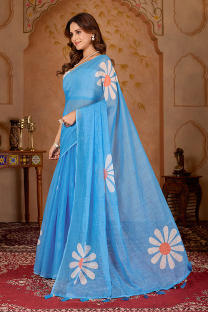 Gulbahar cotton linen digital print saree with heavy tassels