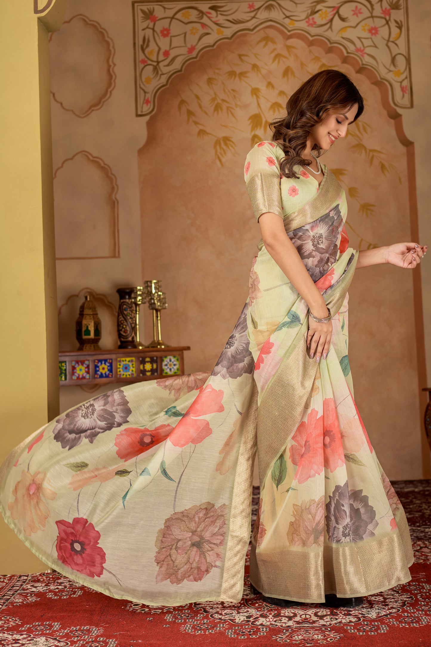 Chanderi silk floral digital print White Colour saree with gold border