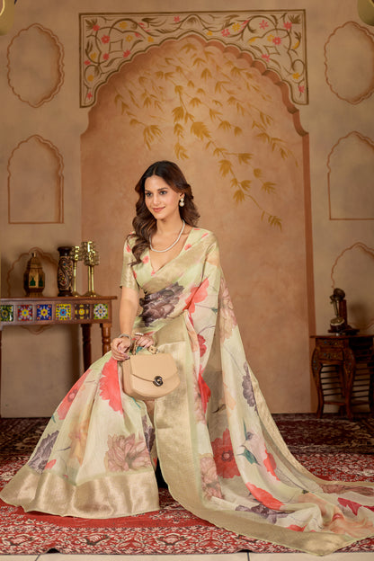 Chanderi silk floral digital print White Colour saree with gold border