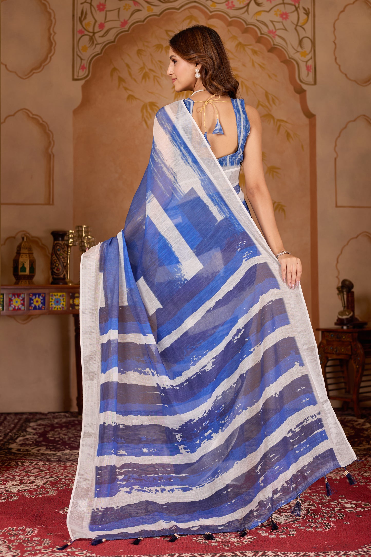Indigo cotton linen digital print Navy Blue saree with silver border.