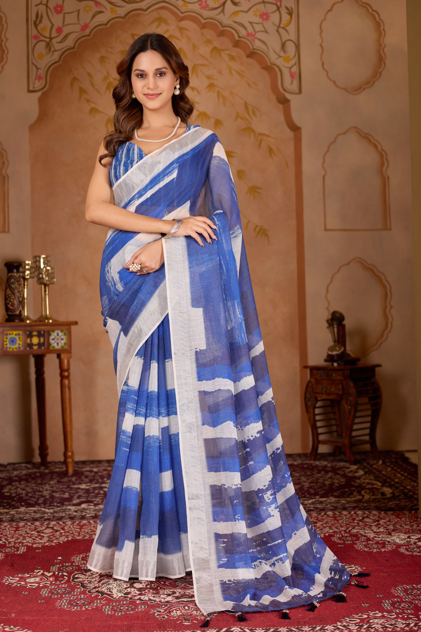 Indigo cotton linen digital print Navy Blue saree with silver border.