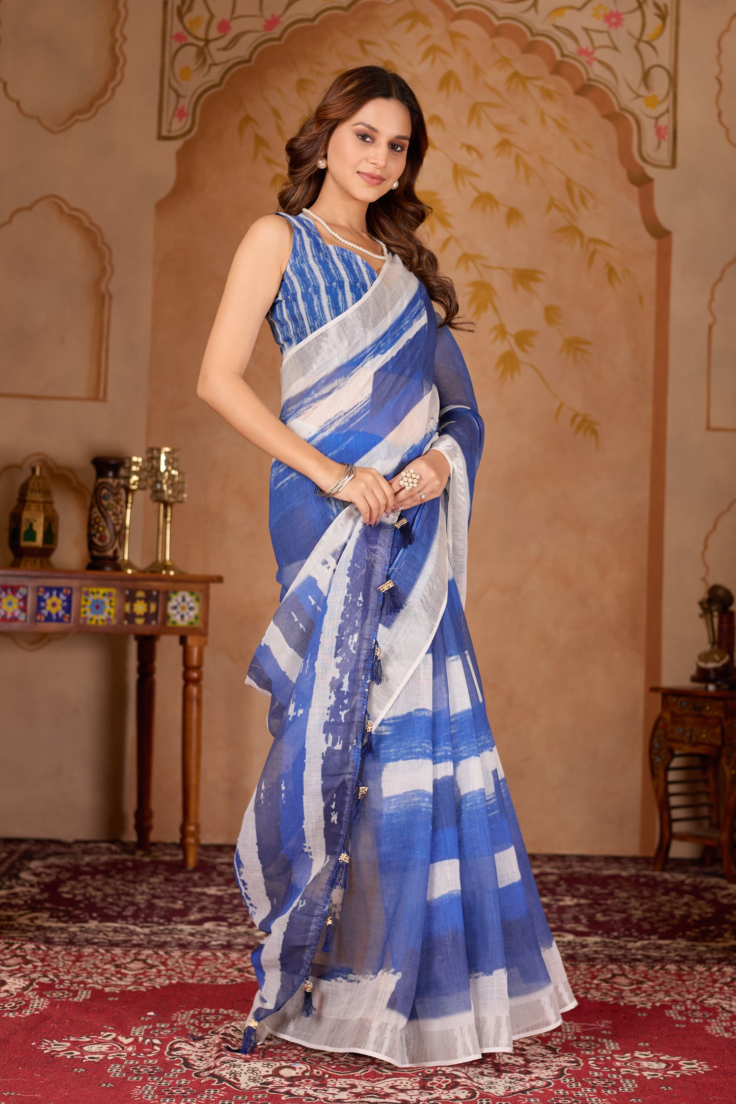 Indigo cotton linen digital print Navy Blue saree with silver border.