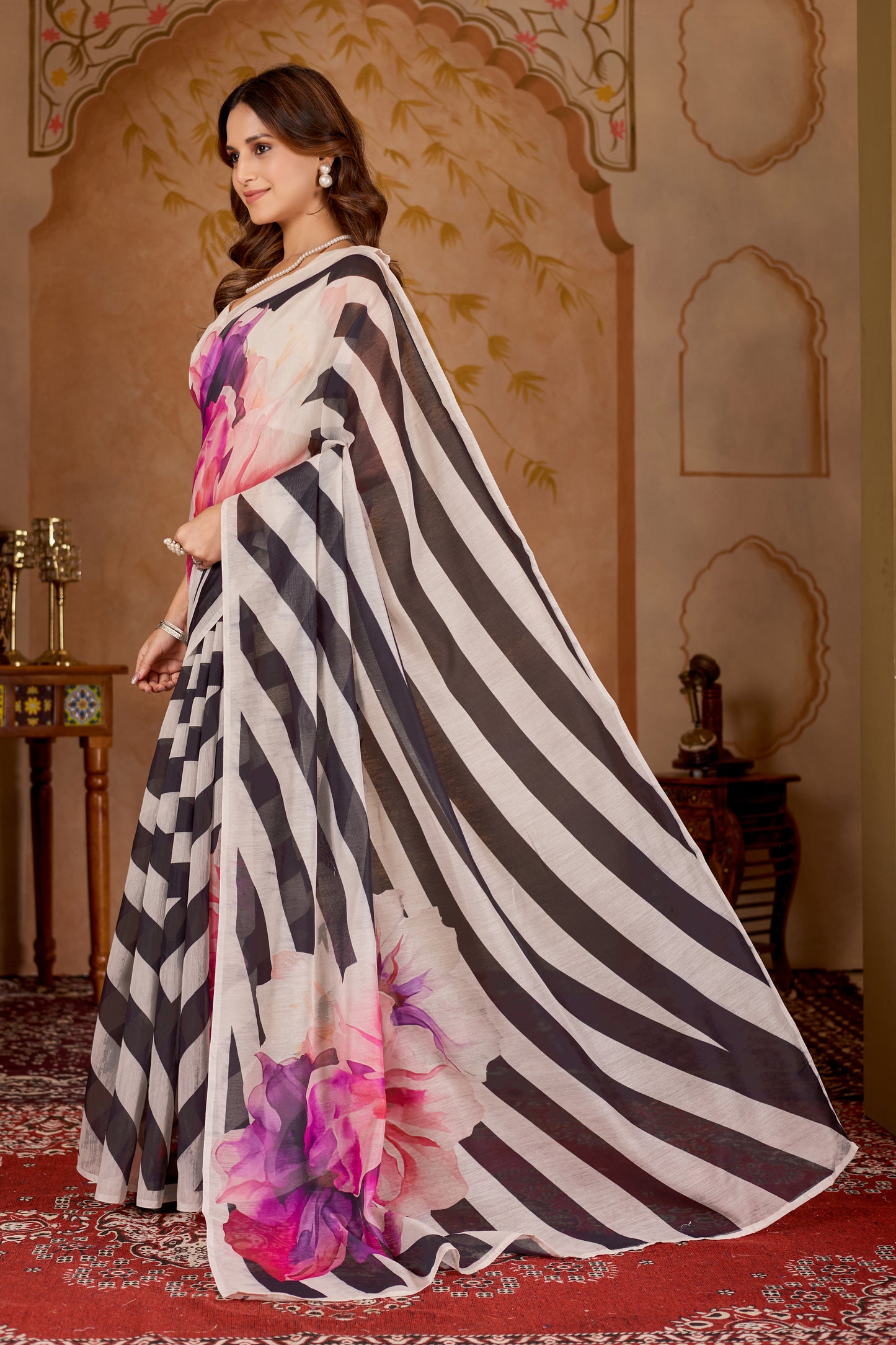 Chanderi silk zebra digital print Black Colour saree