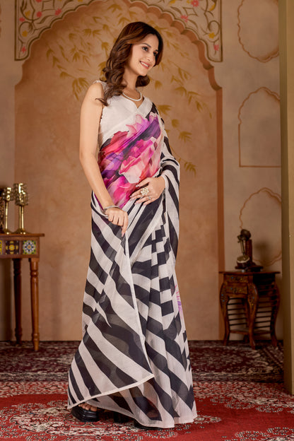 Chanderi silk zebra digital print Black Colour saree