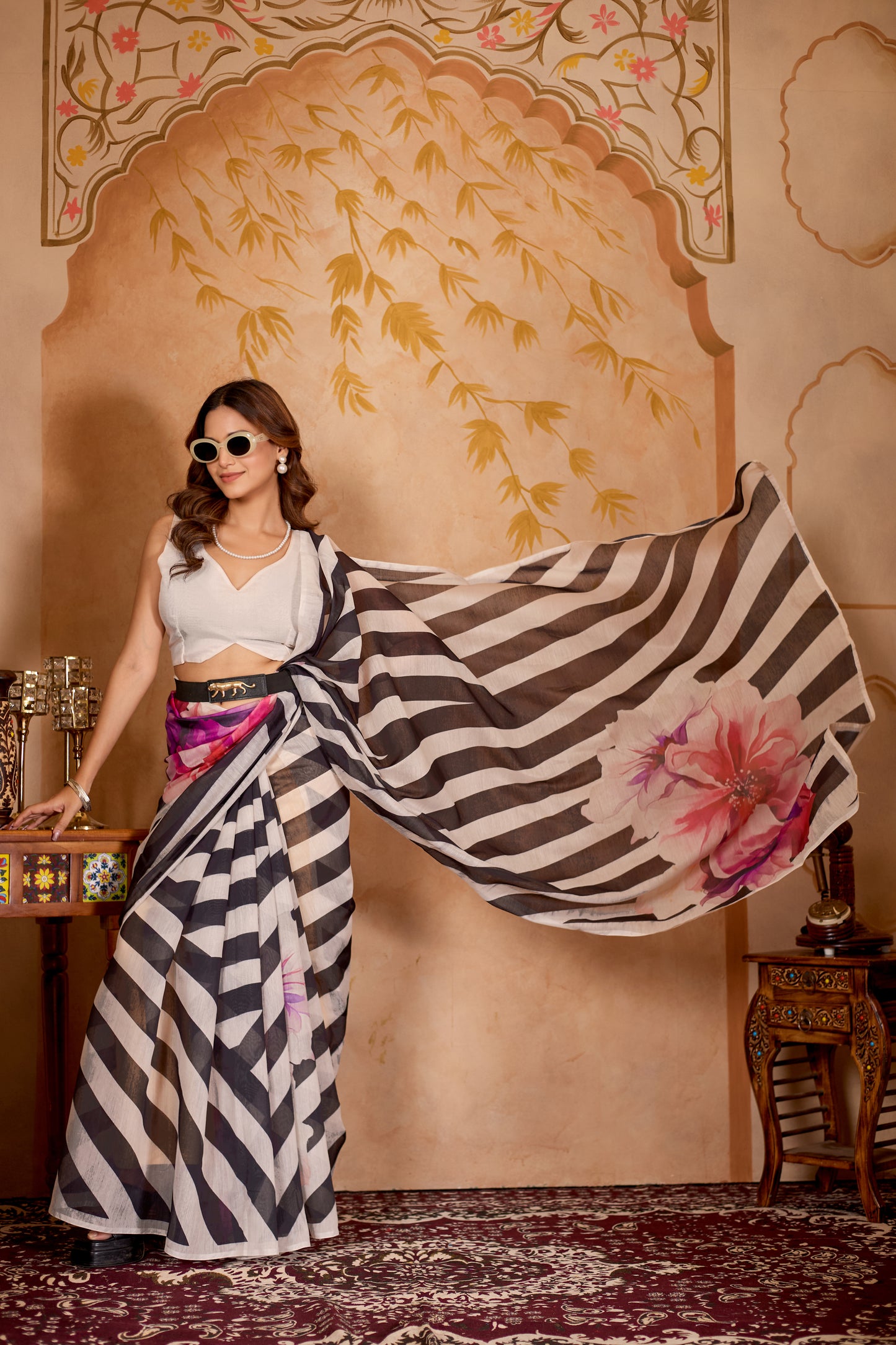 Chanderi silk zebra digital print Black Colour saree