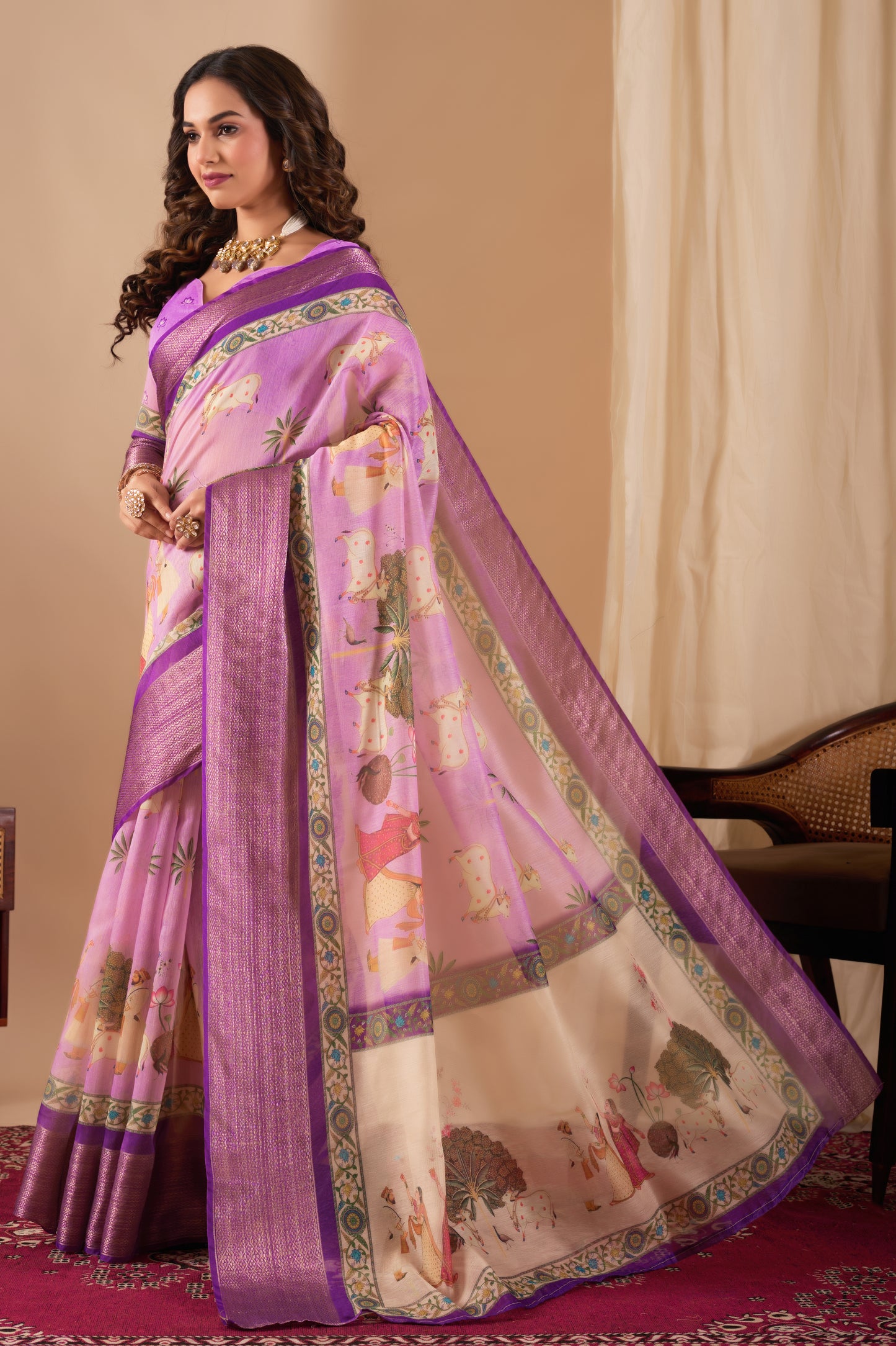 Chanderi silk  golden border digital print pichwai saree