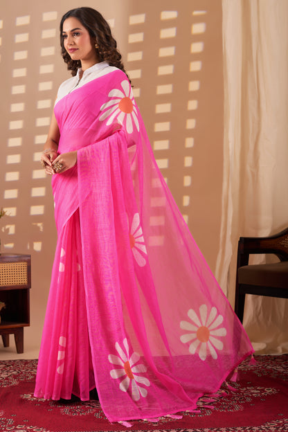 Gulbahar cotton linen digital print saree with heavy tassels