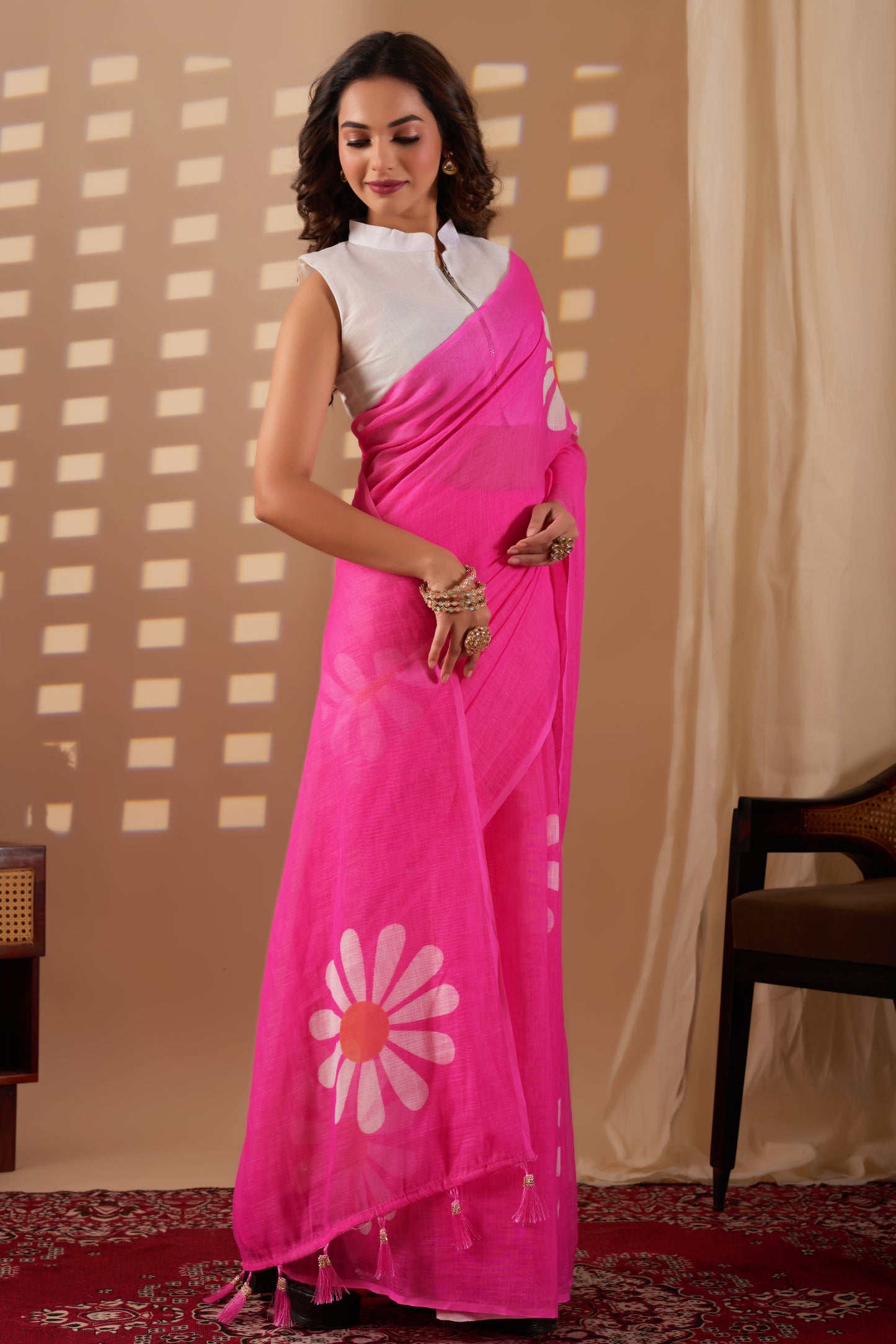 Gulbahar cotton linen digital print Light Pink saree with heavy tassels