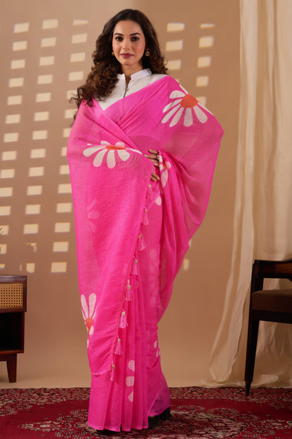 Gulbahar cotton linen digital print saree with heavy tassels