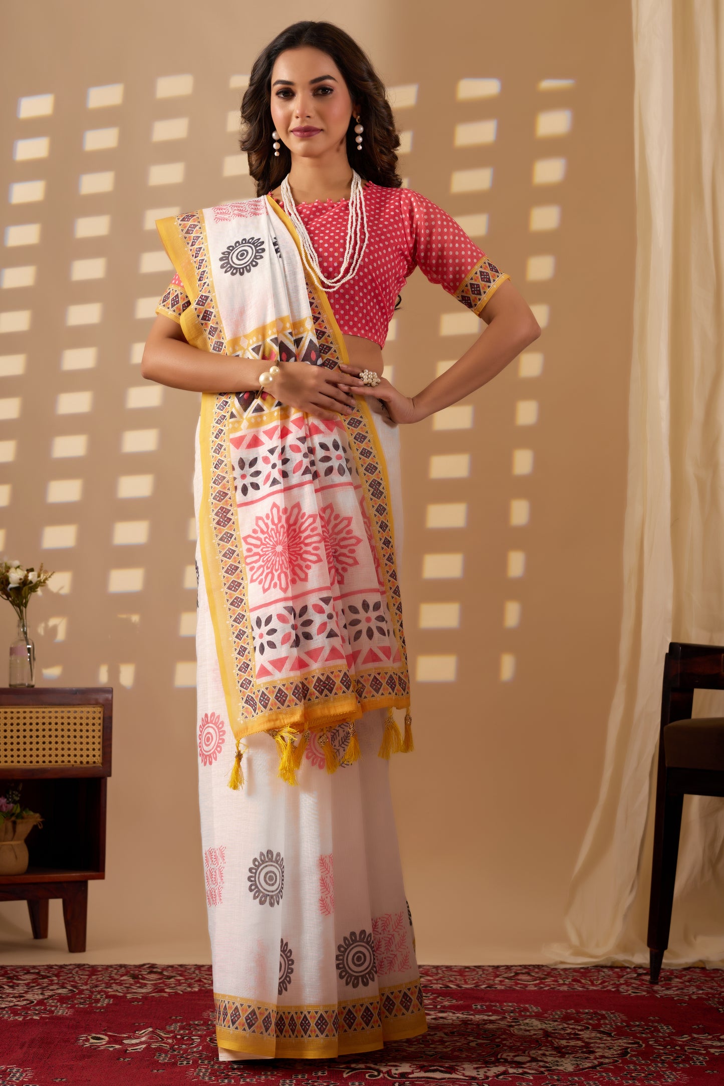 Indian motif cotton linen digital print White colour saree