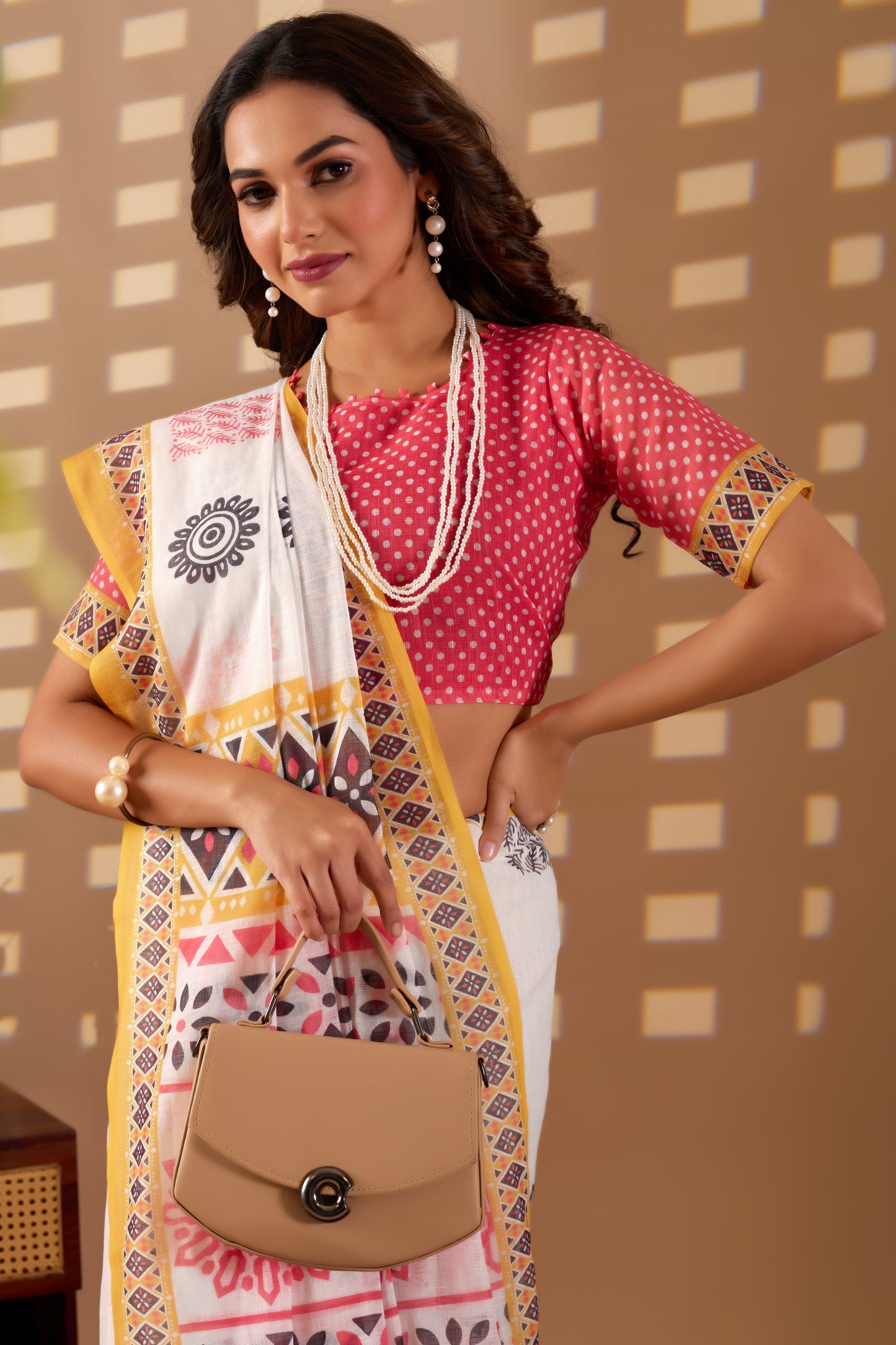 Indian motif cotton linen digital print White colour saree