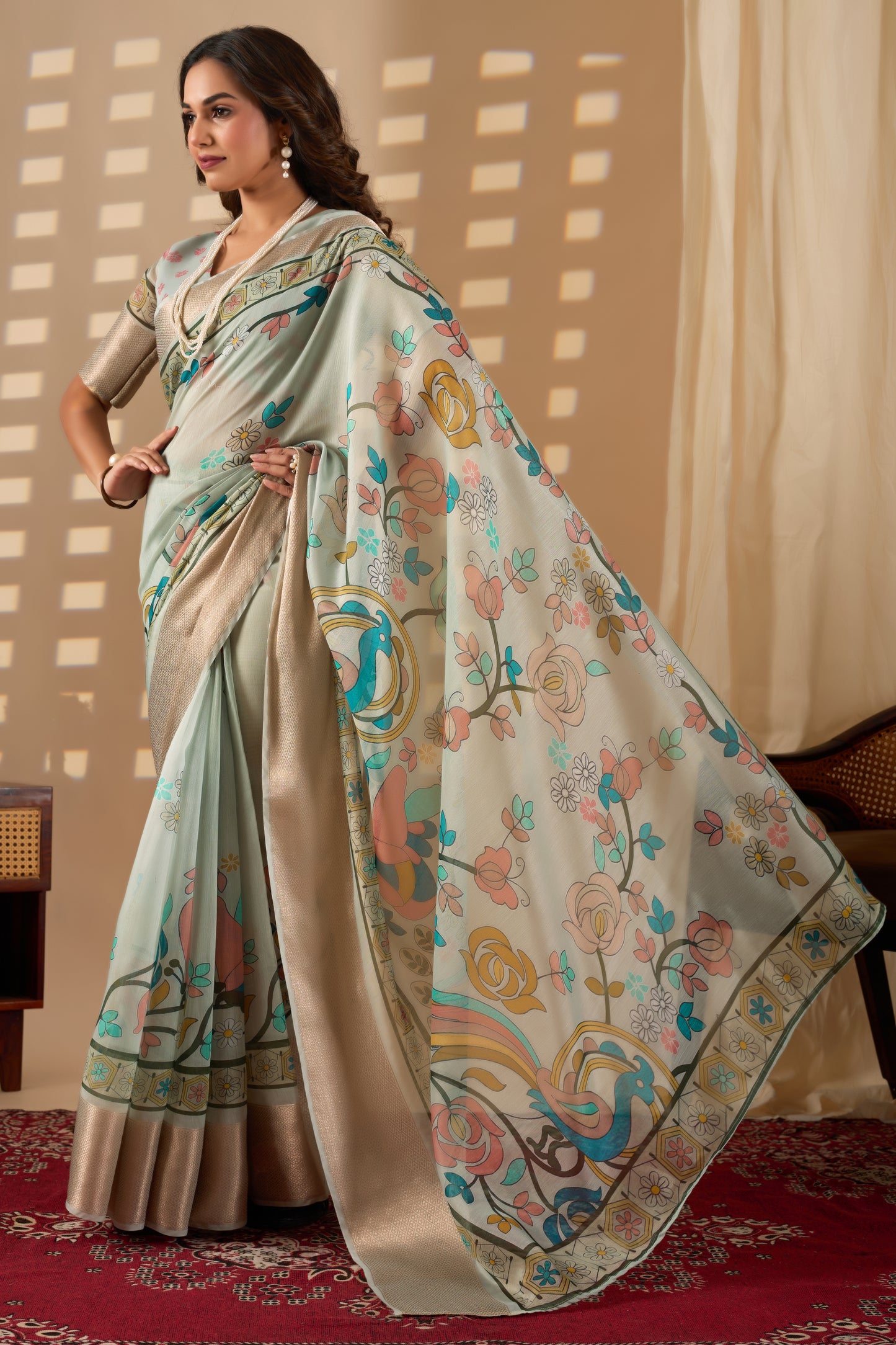 Chanderi Silk golden border digital print peacock design