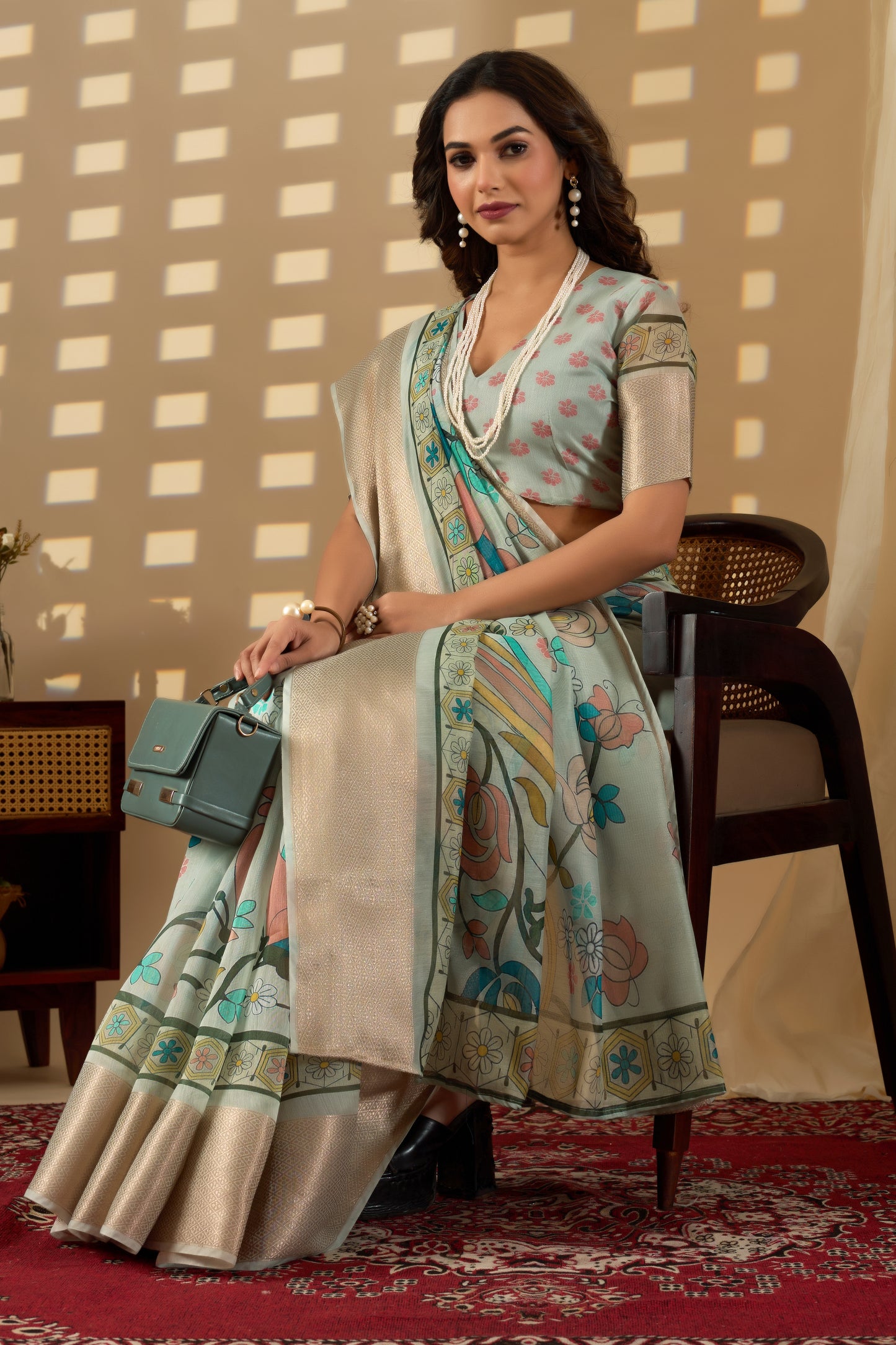 Chanderi Silk golden border digital print peacock design